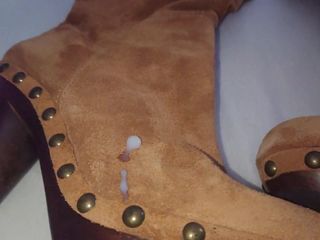 Cum on brown real leather overknees