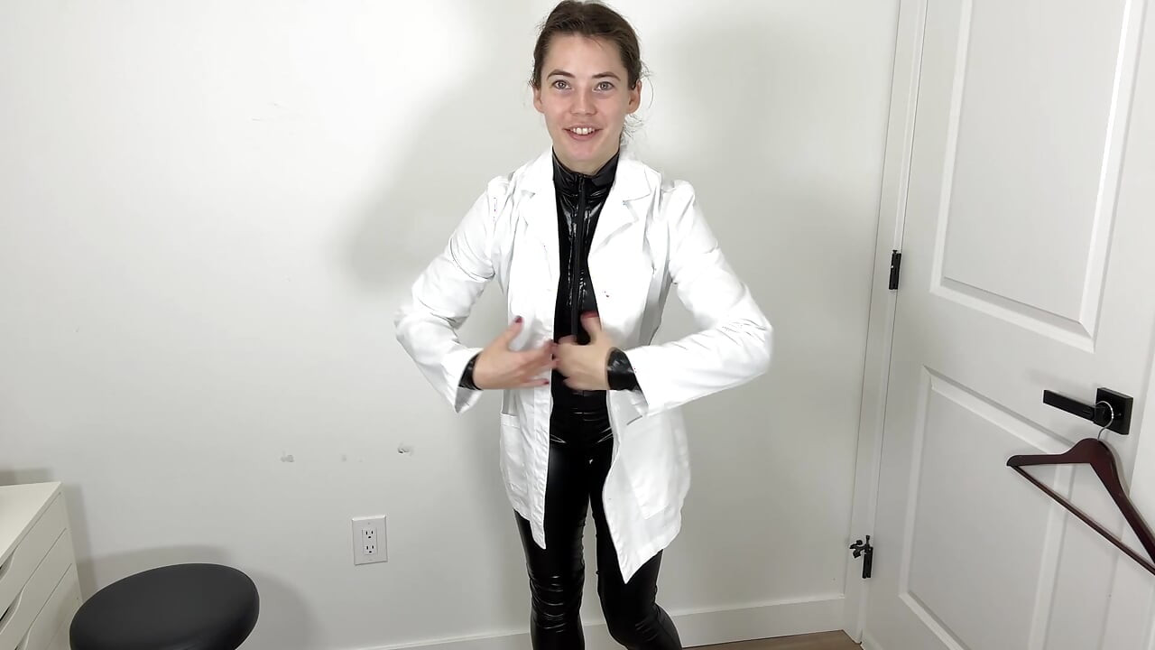 Trying on Shiny Spandex Catsuit with White Lab Coat