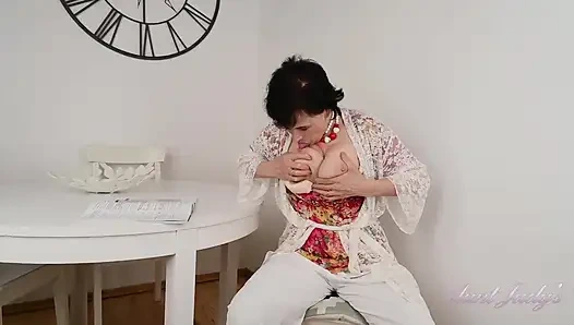 Auntjudys - 63yo Horny Mature Hairy GILF Minia Masturbates in the Kitchen