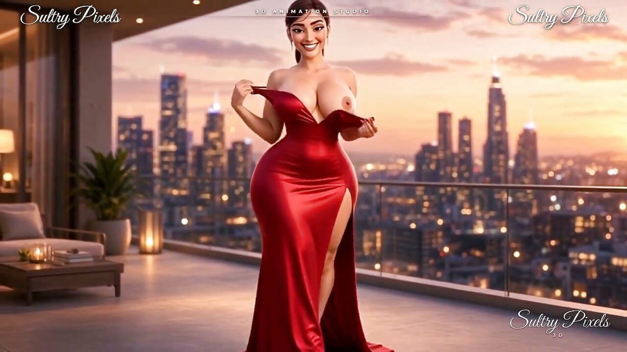Elegant Brunette with a Hair Bun Strips on the Terrace - Dress to Lingerie