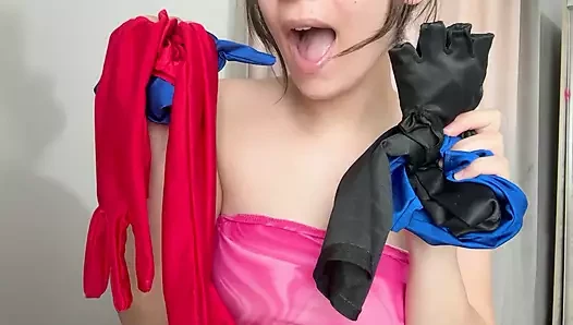 I am getting excited in colorful gloves and masturbating a monster cock
