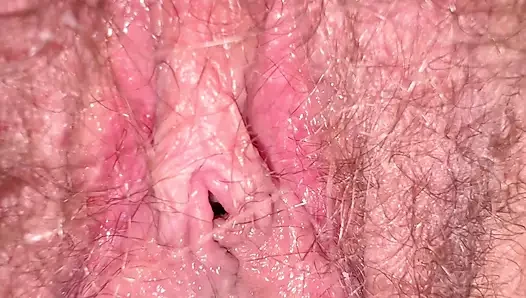Creamy juices dripping in slowmotion from inside wife’s hairy bush closeup