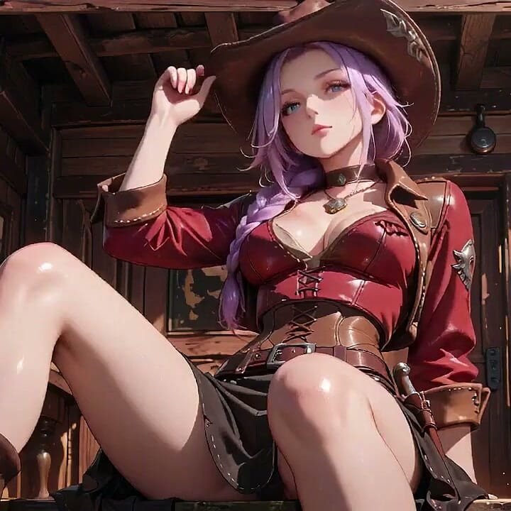 The Deadly Glance in the Desert Sunset. Shouldering a Rifle yet Hiding Her Heaving Chest.