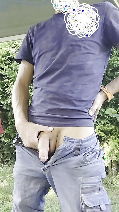 Day 12 without cumshot. Young craftsman almost squirts into his pants. Cum dripping and flowing from thick cock