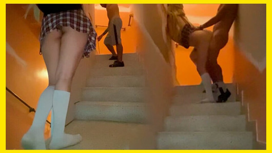 hot schoolgirl fucks worker on the steps of his house