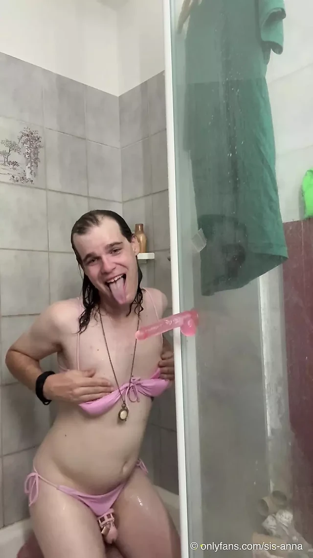 Sissygirl Anna taking a Shower with her Dildo - Amateur Femboy Anal n Blow Porn
