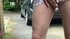 Horny driveway strip wank in wolford tights