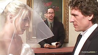 Blindfolded bride gets surprised by two hard cocks at once