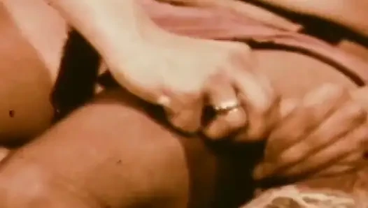 Stockinged Blonde Worships Mustached Stud in Red-tinted Vintage Trio
