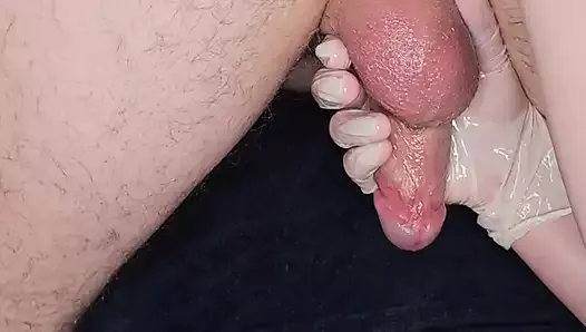 Gloved massage ends with a prostate massage and cum shot