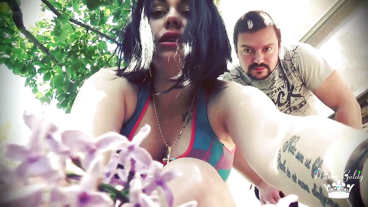 Tormenting and crushing a tiny man outdoors with our huge bodies and big feet