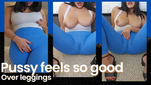 Big Boob MILF Teacher rubs her legging covered pussy and cums hard