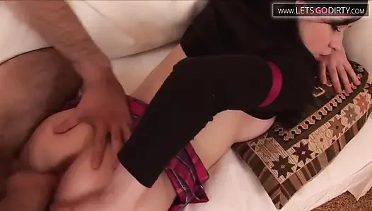 Sexy teen bends over slightly as a huge cock slides into her wet cunt