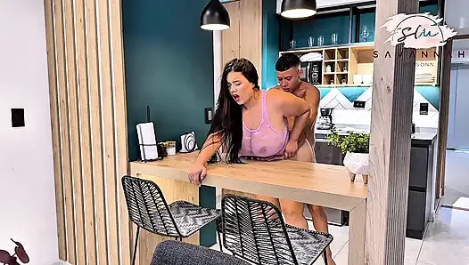Amateur couple having wild morning sex and exploding cum over Savannah Watson's huge boobs