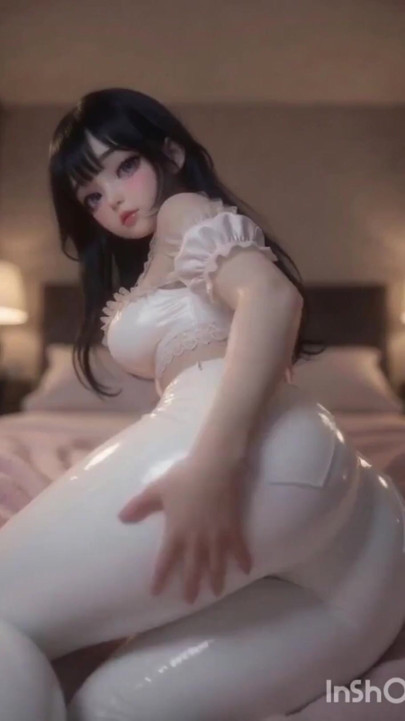 Pretty dark-haired anime girl, white leather pants | Clip 1