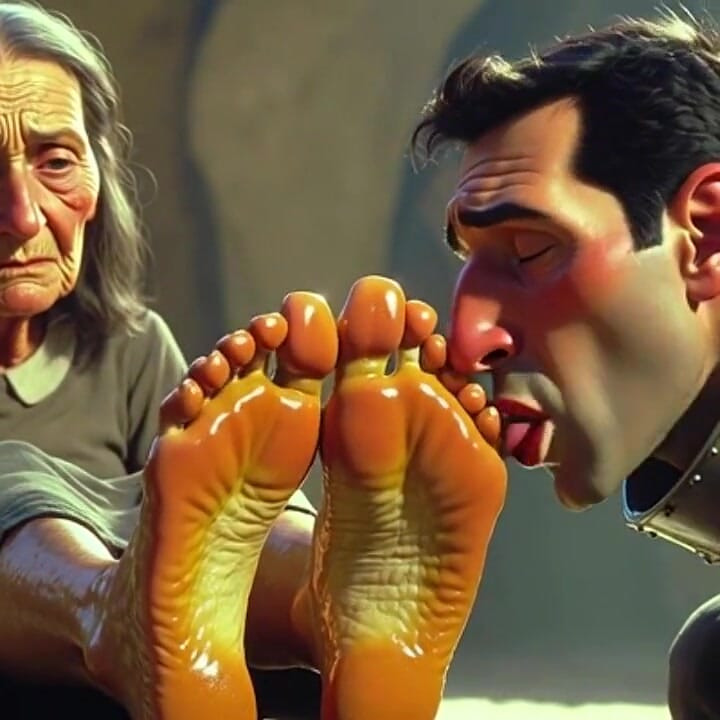 Hombre dedicado a los pies de la anciana en asilo