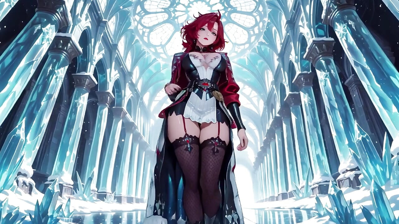 Feiticeira ruiva faz uma entrada impressionante no Salão de Cristal, robe ligeiramente aberto e cajado batendo de forma sedutora.
