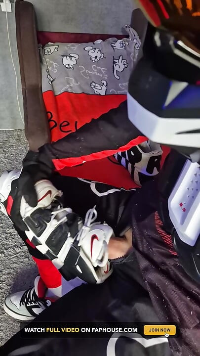 An Excited Guy in Motorcycle Gear Fucks His Sneakers