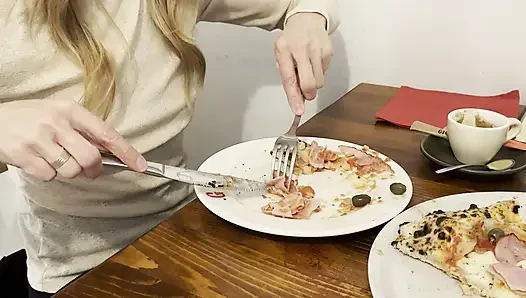 Having Pizza in a sheer blouse in public  in a restaurant exposing my big nipples