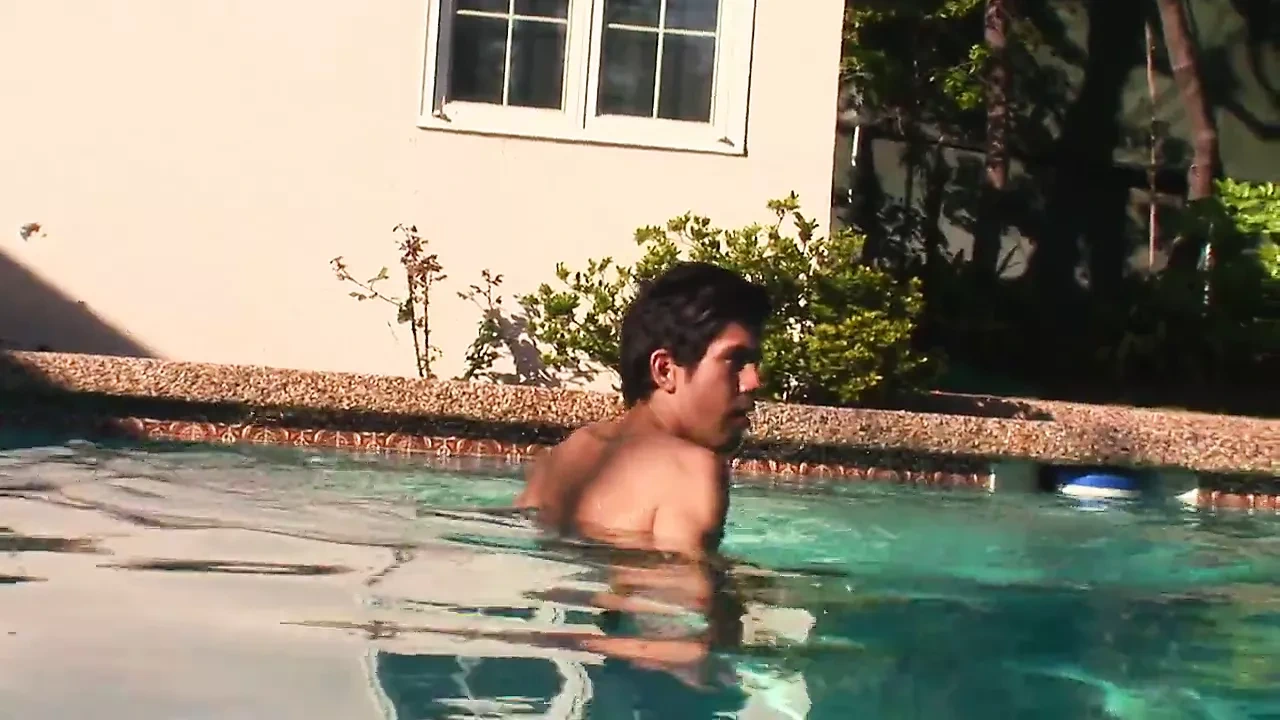 Eager boy sucks black dick on his knees by the pool