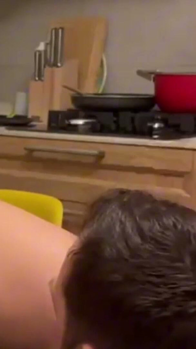 Kitchen doggy lick then she fingers herself | Clip 1