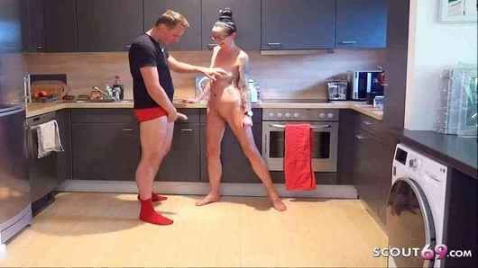 Skinny German Mom caught naked in kitchen and Seduced to Fuck