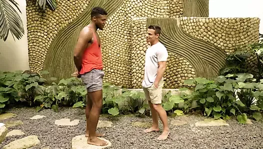 He takes a giant black cock outdoors
