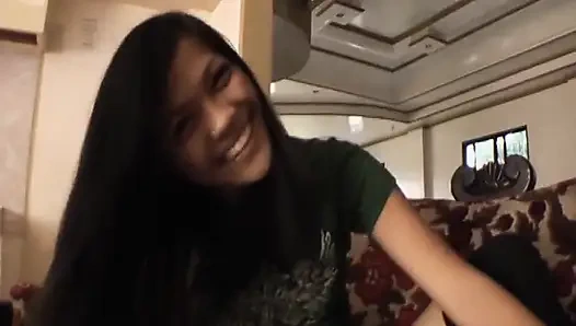 Slender asian girl doing casting for the first time