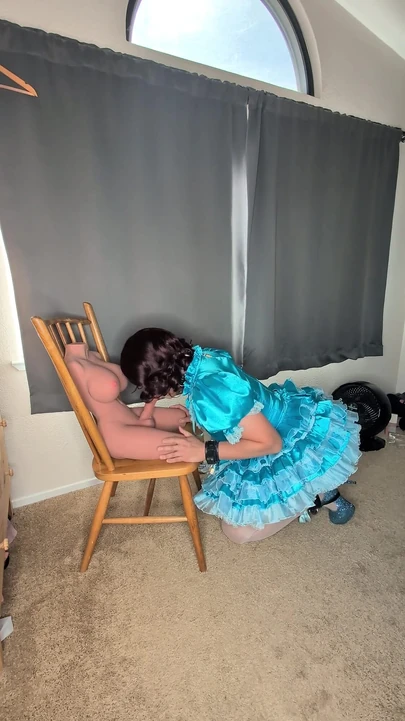 Satin Sissy Maid Plugs Herself and Sucks Her Doll