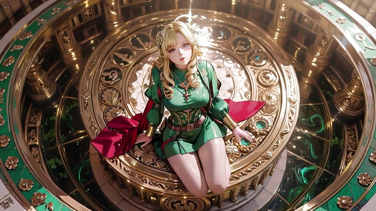 Ange blonde reine ! À genoux dans une grande cathédrale, la robe verte dissimulant à peine ses courbes douces. Elle regarde par-dessus son épaule avec timidité.