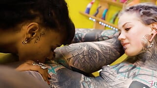 Tattoo Lesbians Hard Fuck with Strap-on - Squirting and Piss