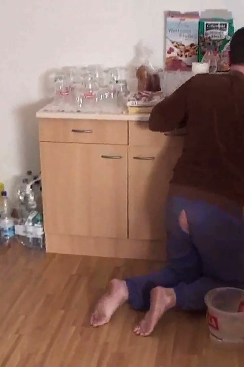 Two mistresses make him clean floor