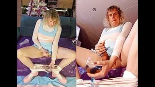Транс Анна кончает с искусственная вагина и мастурбатором в стакане и глотает все