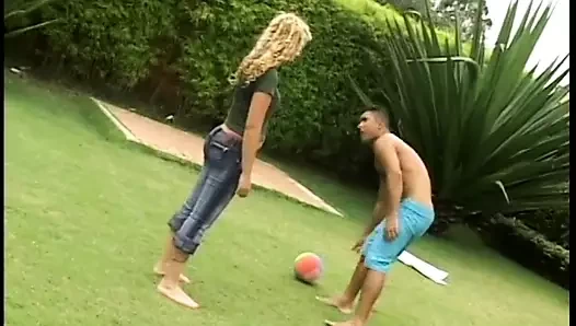 Curly Latin blonde gets all her holes penetrated on grass