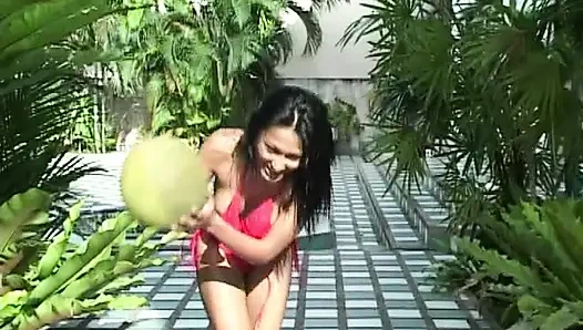 Asian girl playing through night and day