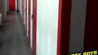 Sexy hot twink gives fantastic blowjob in a building hall