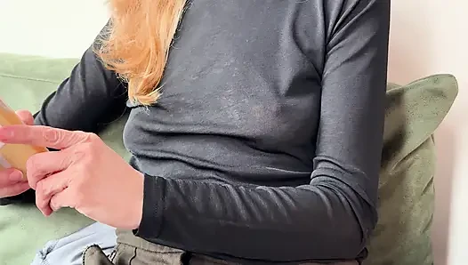 Feeling horny while my nipple piercings are glittering through my semi sheer blouse in a public caffe