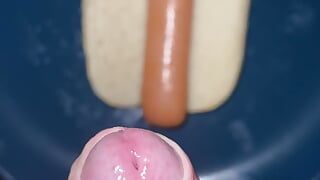 Huge watery cumshot on hotdog