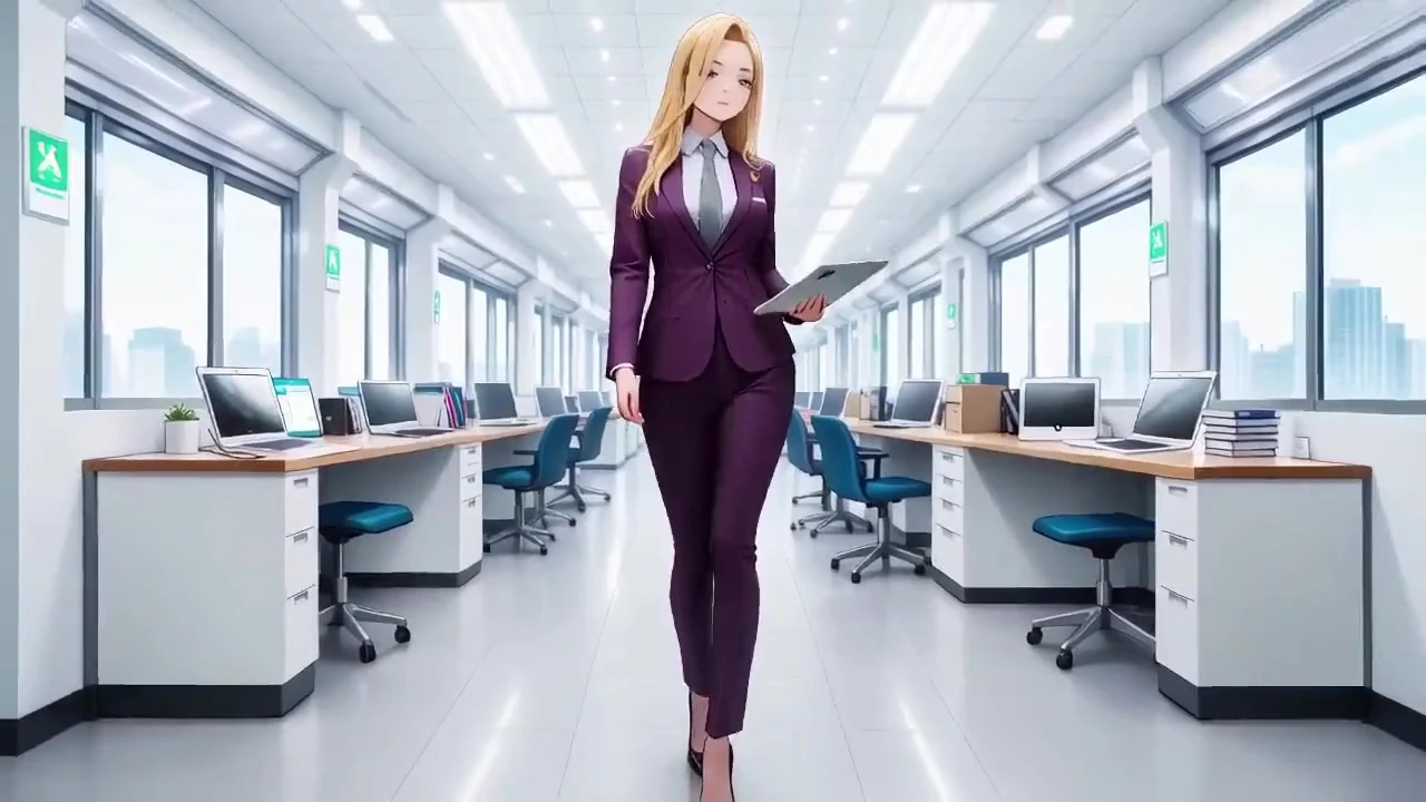 Blonde Boss in Purple Suit! Office Train Private Moments. She's Multitasking with Files While Secretly Adjusting Her Skirt...