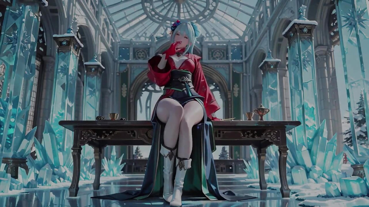 Ice Throne! Silver-haired Mage in Red-green Gown Kneeling, Blue-haired Partner Teasing in Realm!