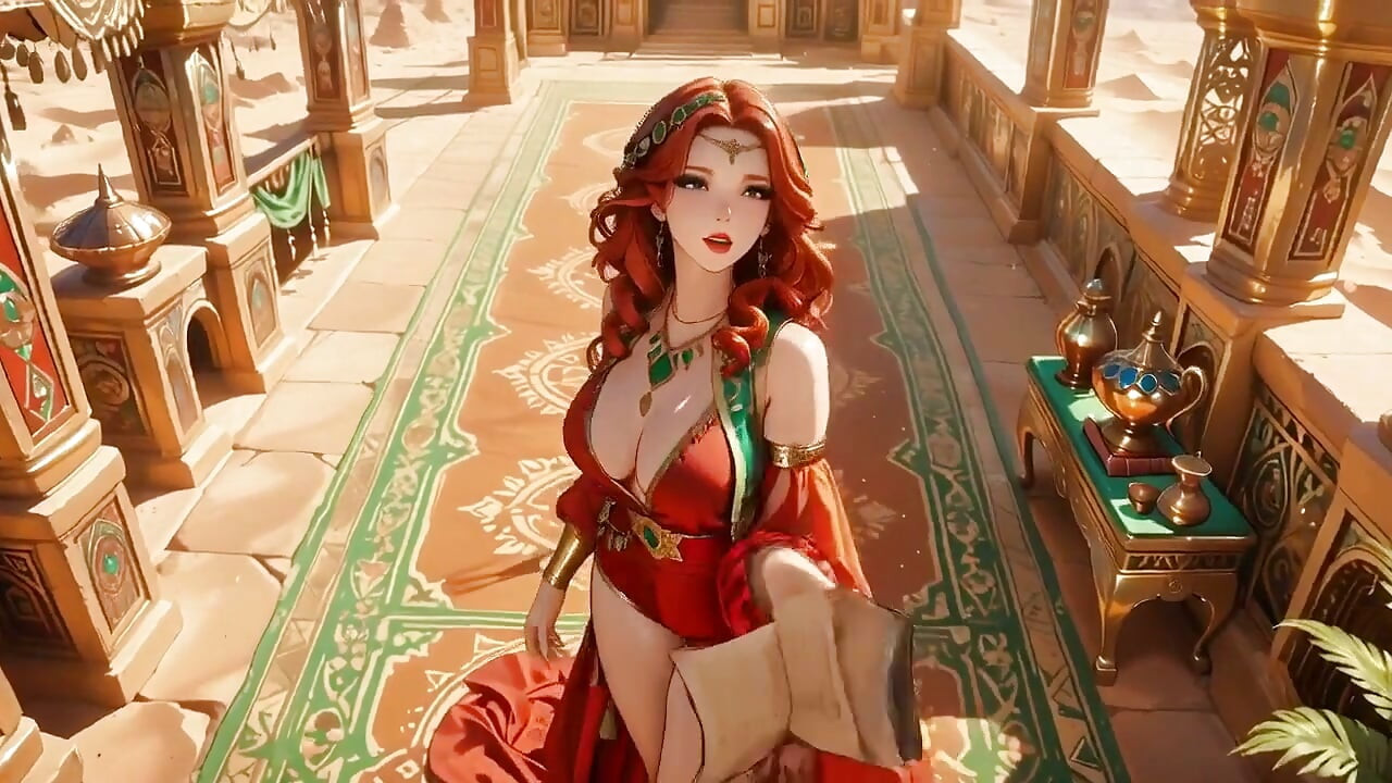 Lazy Seduction in the Desert Palace, Green and Red Tight Bodysuit Hugging Her Curves.
