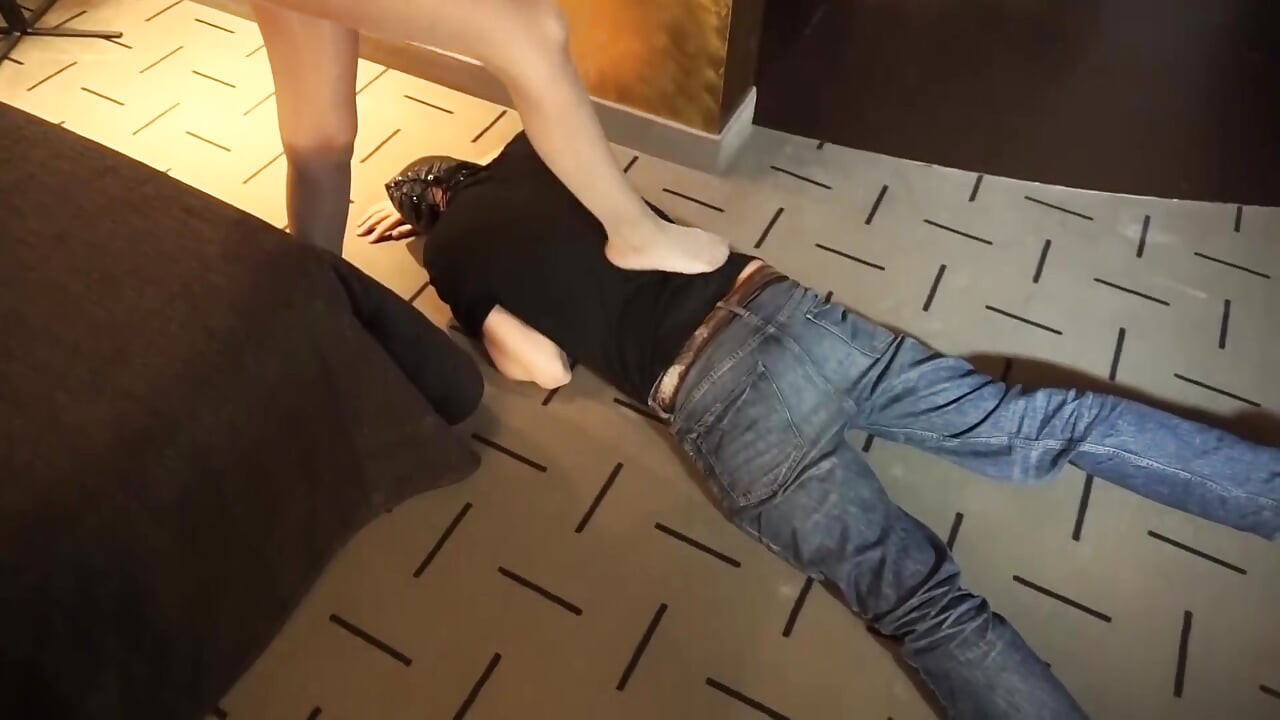 Crazy femdom chick punishing her masked slave