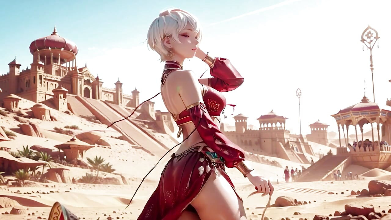 Fantasia no Deserto! Dança particular da Santa de cabelos prateados no Palácio Vermelho-Dourado, fitas de luz envolvendo seu corpo.