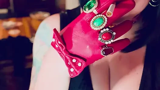 Red Leather Gloves & Rings! Smoking Tart Tina Snua Smokes A Cigarette & Shows Off Her Gloves - Smoker