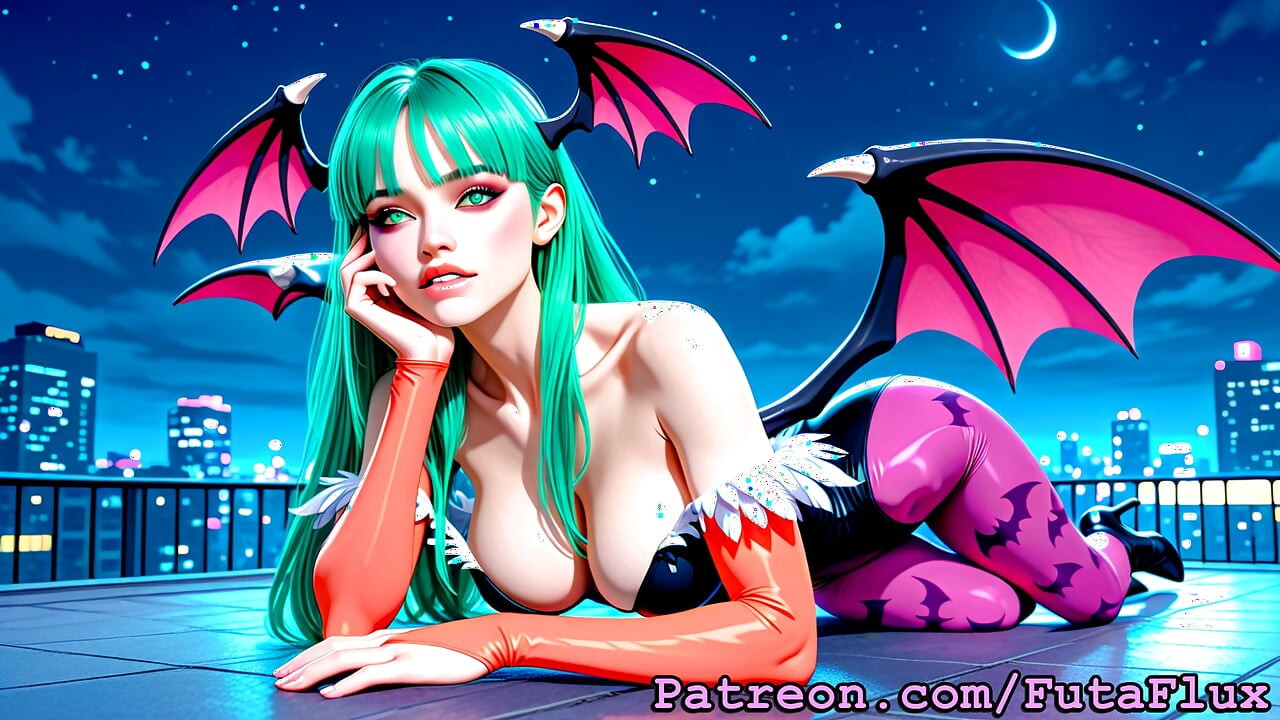 Futanari Morrigan - Masturbating, Cumshots, Selfsucking