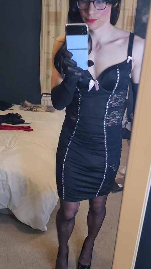 Crossdresser Teases in Black Lingerie Dress