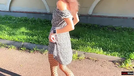 Masturbation - Girl Touches Pussy with a Plug in Her Ass and Pees on the Street