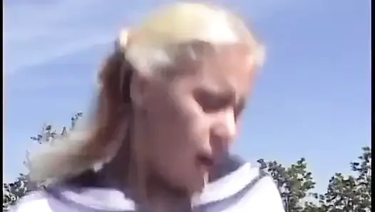 Blonde in sailor uniform fucks with guy outdoors
