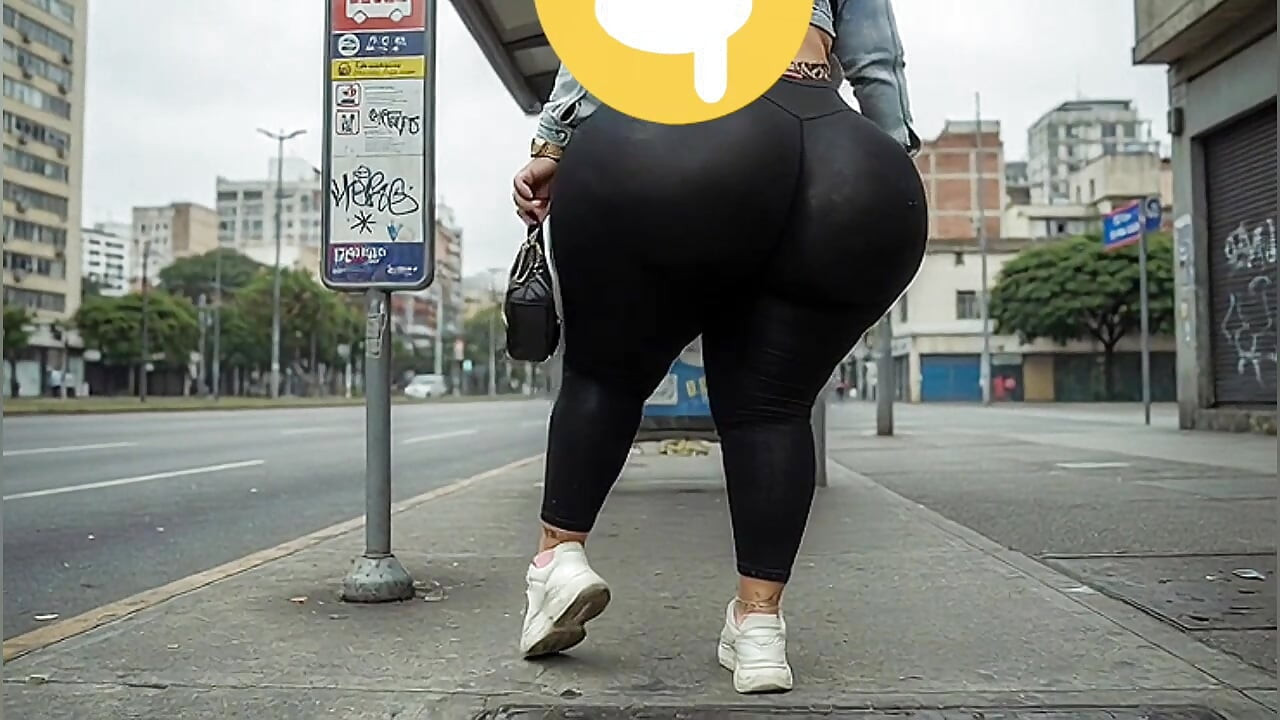 "Masked BBW Changes from Black Leggings to Tiny Thong at Public Bus Stop"