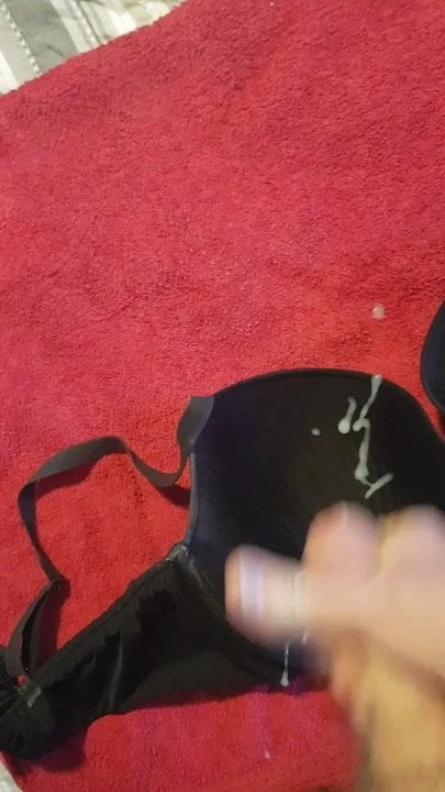 Cum on wife's black G cup bra